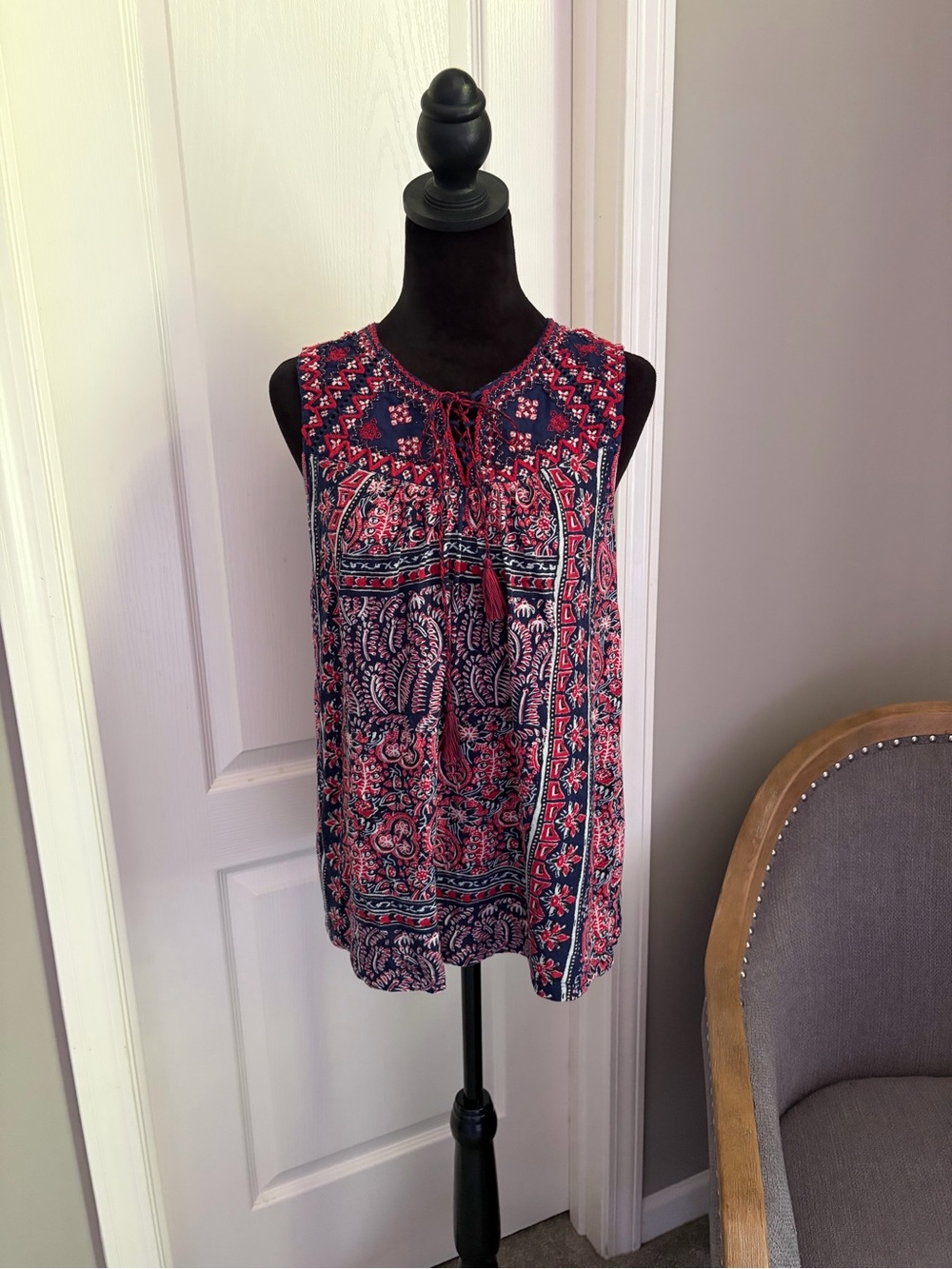 Lucky Brand Navy & Red Printed Sleeveless Boho Tank